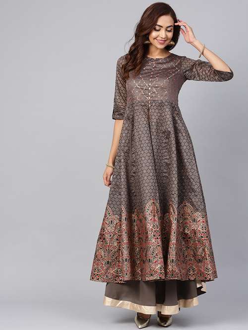 foil print front slit kurta & solid skirt - 16599611 - Very Small Image - 1