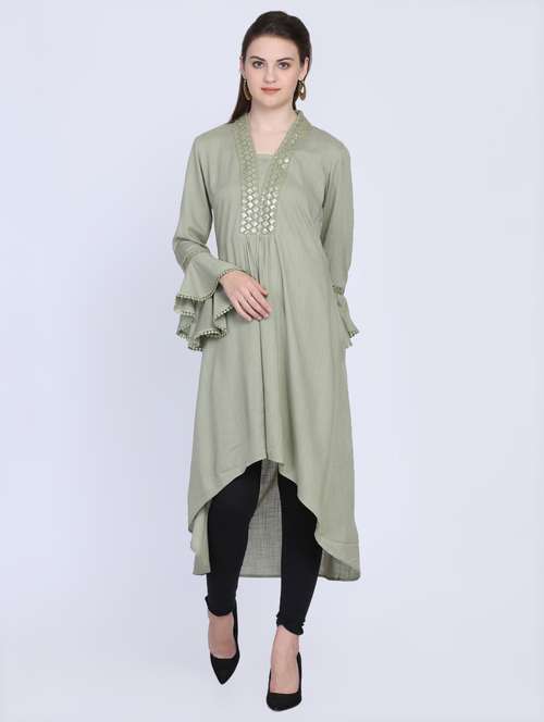 olive high-low kurta - 16614324 - Very Small Image - 1