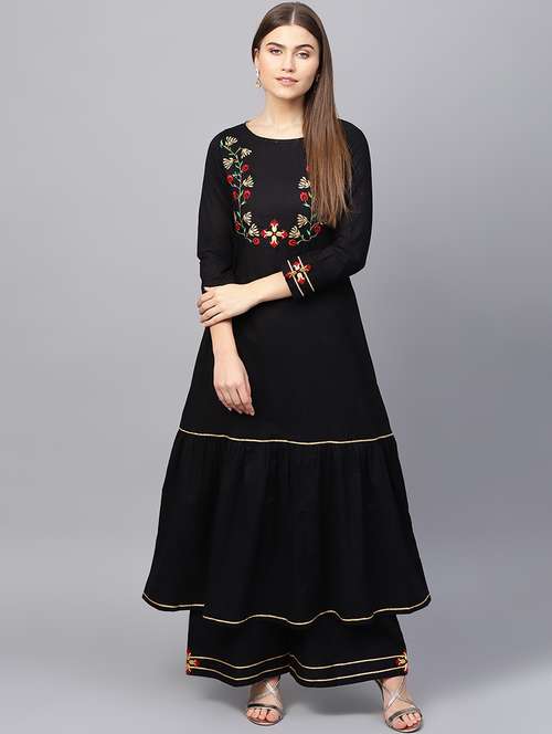 embroidered solid kurta with palazzo set - 16667078 - Very Small Image - 1