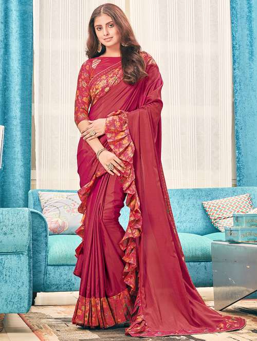ruffle solid saree with blouse - 16862514 - Very Small Image - 1