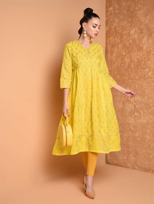 gold print flared kurta - 16925398 - Very Small Image - 1