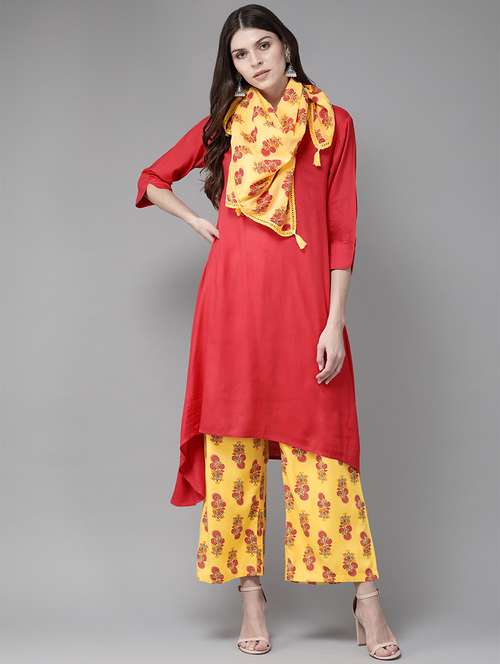 women three quarter sleeve kurta palazzo with dupatta set - 16980762 - Very Small Image - 1
