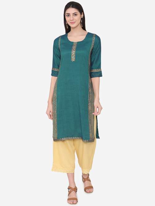 teal gold print straight kurta - 17000701 - Very Small Image - 1