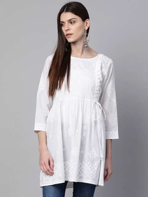ada hand embroidered white cotton chikankari short kurta - 17115802 - Very Small Image - 1