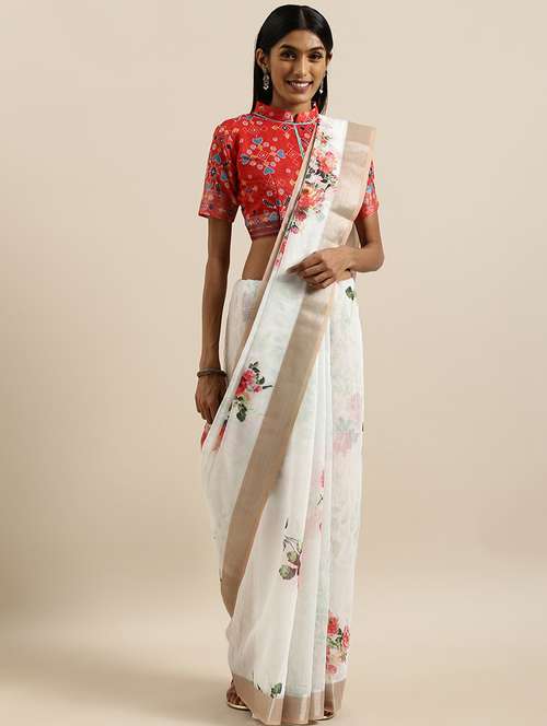 floral printed saree with blouse - 17145598 - Very Small Image - 1