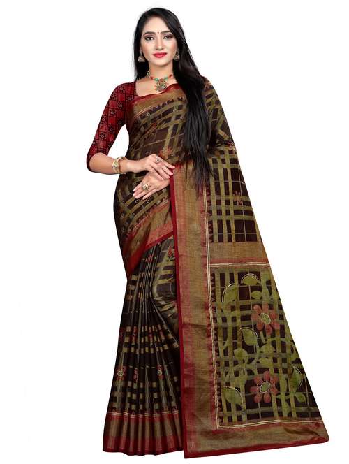check print brasson saree with blouse - 17171523 - Very Small Image - 1