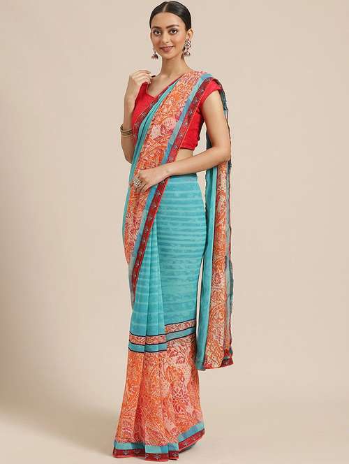 women's abstract light blue colored saree with blouse - 17247508 - Very Small Image - 1