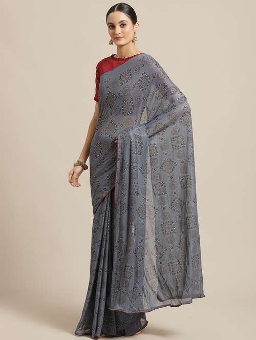 grey printed saree with blouse - 17293969 - Very Small Image - 1
