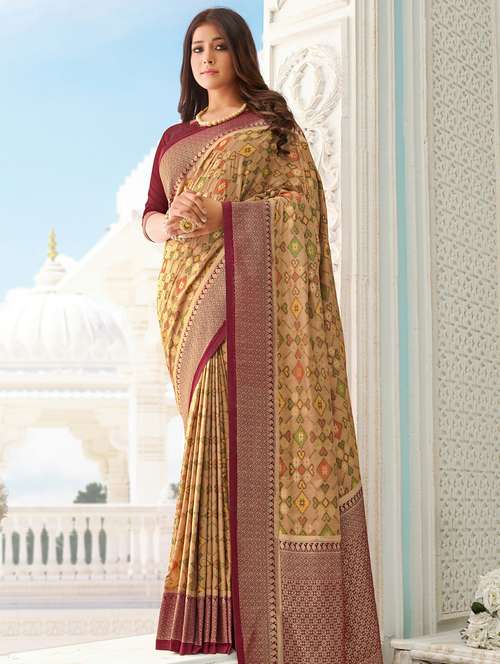 women's self design beige colored saree with blouse - 17375264 - Very Small Image - 1