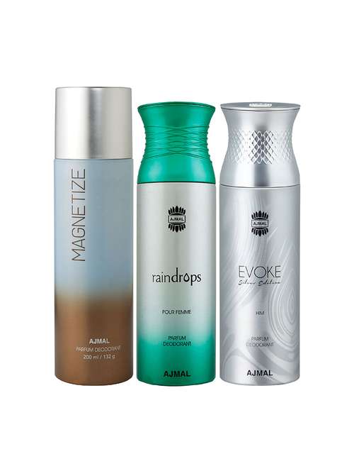 ajmal 1 magnetize for unisex, 1 raindrops for women, 1 evoke silver for men deodorants combo pack of 3(total 600ml)+3 testers - 17404431 - Very Small Image - 1