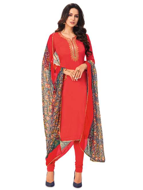 red cotton blend unstitched suit - 17423084 - Very Small Image - 1