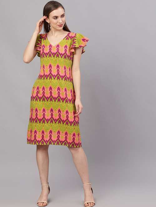 v-neck printed a-line dress - 17434847 - Very Small Image - 1