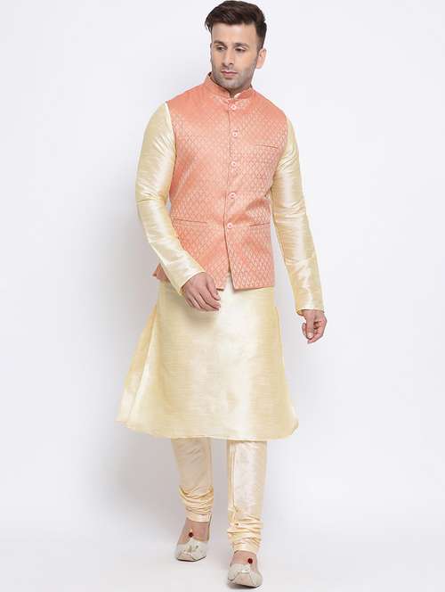 gold solid kurta pyjama set with peach jacquard nehru jacket - 17454661 - Very Small Image - 1