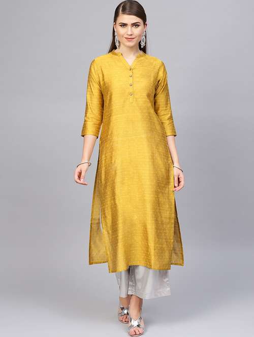 yellow mandarin neck self designed straight kurta - 17463166 - Very Small Image - 1