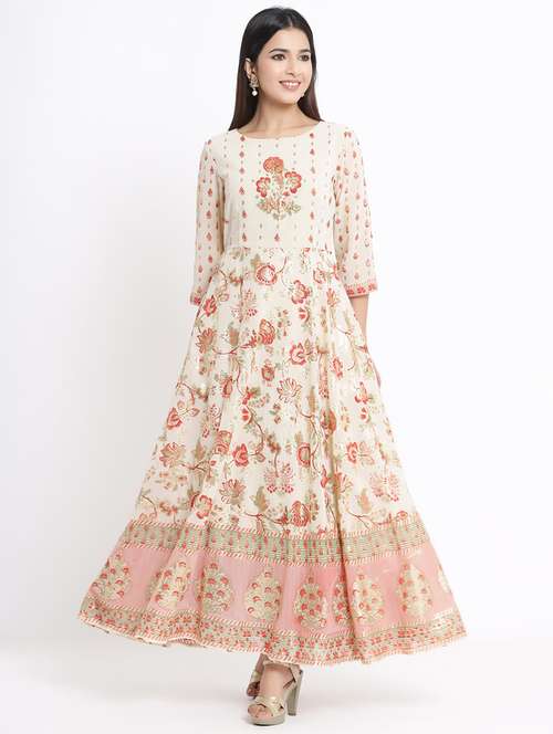 foil print flared ethnic dress - 17540218 - Very Small Image - 1