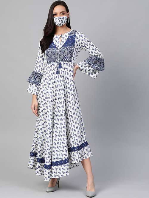 printed flared ethnic dress with face mask - 17612717 - Very Small Image - 1