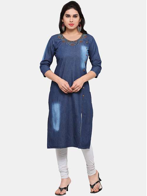 blue denim straight kurta - 17653215 - Very Small Image - 1