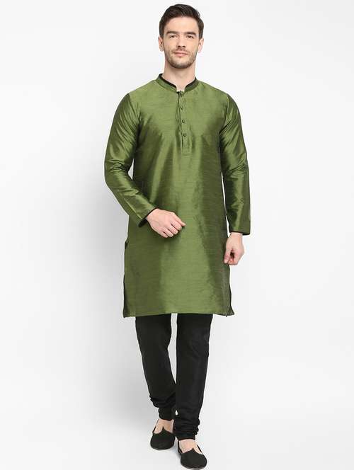 olive solid silk blend kurta pyjama set - 17718891 - Very Small Image - 1