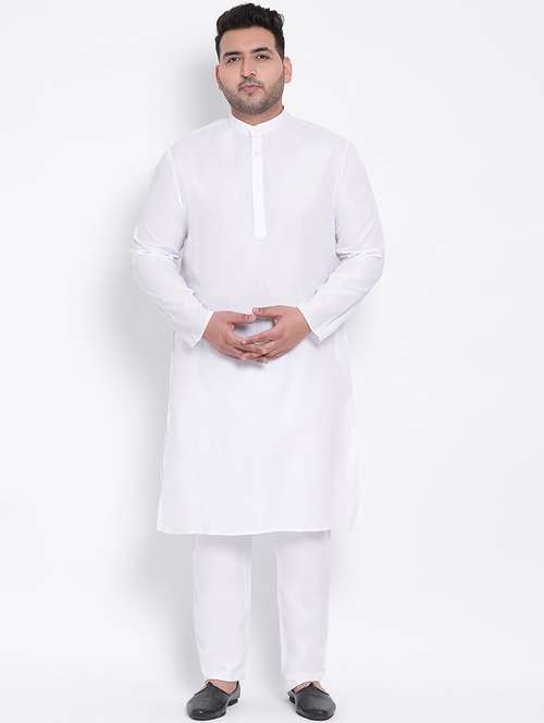 plus size white solid linen kurta pyjama set - 17718901 - Very Small Image - 1