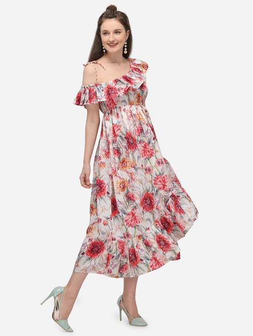 single shoulder floral flared dress - 17732936 - Very Small Image - 1