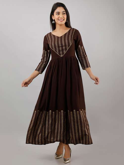 gold printed flared kurta - 17777877 - Very Small Image - 1
