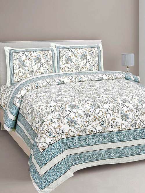 pure cotton paisley floral ethnic grey border jaipuri double bedsheet - 17780927 - Very Small Image - 1