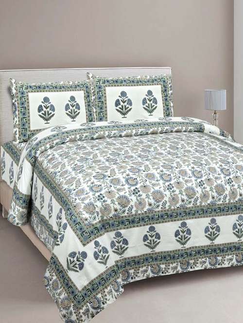 pure cotton green color floral ethnic jaipuri double bedsheet - 17780928 - Very Small Image - 1