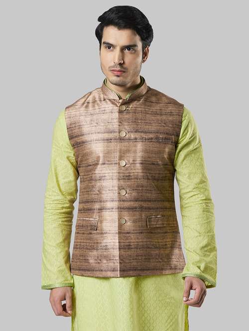 brown striped nehru jacket - 17800639 - Very Small Image - 1