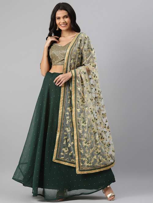 bottle green net flared lehenga - 17805983 - Very Small Image - 1
