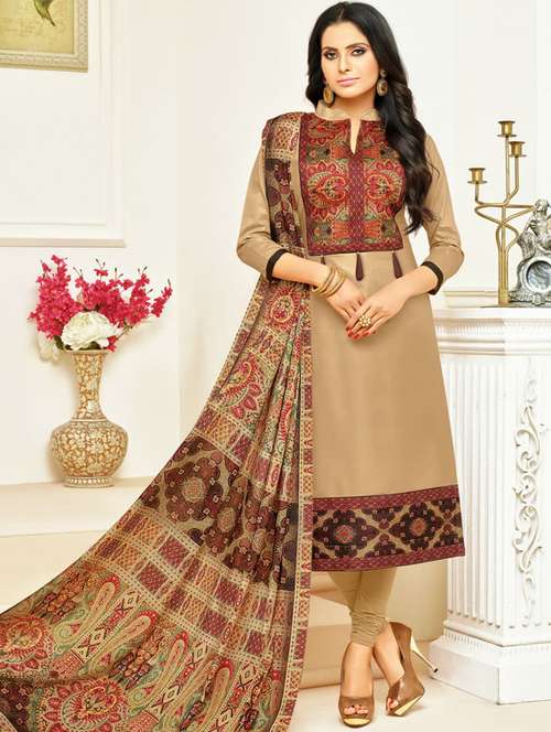 beige cotton semistitched suit - 17856812 - Very Small Image - 1