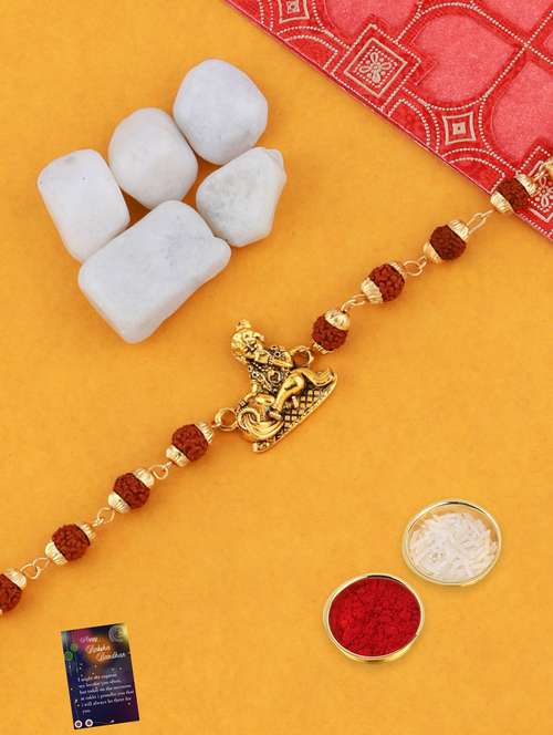 gold plated bracelet rakhi with roli chawal and greeting card - 17900912 - Very Small Image - 1