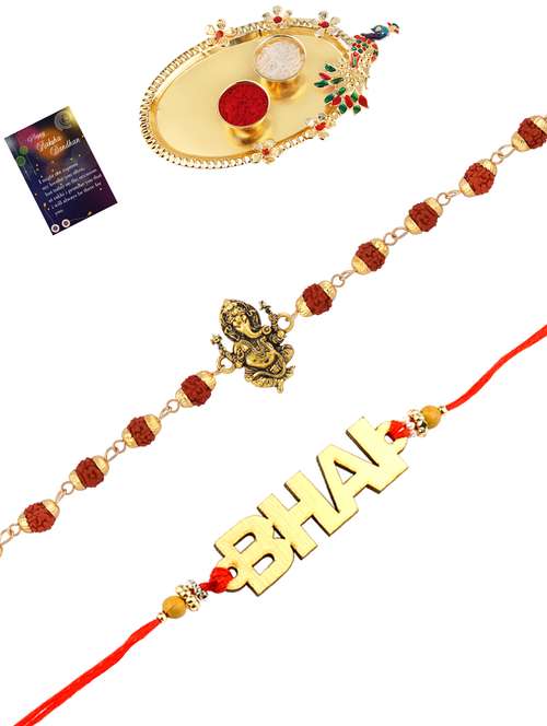 pack of 2 rakhi with roli chawal pooja thali & greeting card - 17910108 - Very Small Image - 1