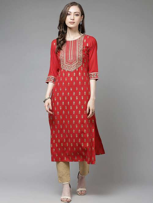 gold print straight kurta - 17954302 - Very Small Image - 1
