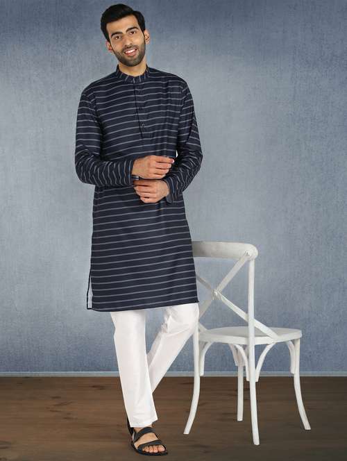 dark blue striped kurta pyjama ethnic wear set - 17976724 - Very Small Image - 1