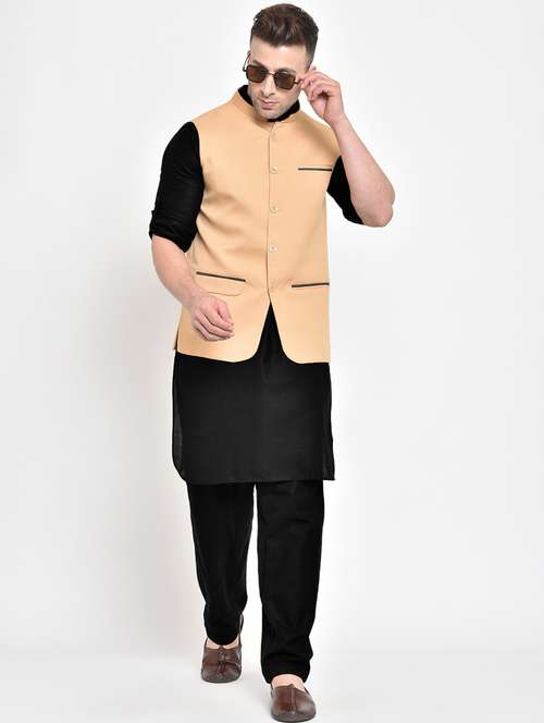 black solid kurta pyjama set with beige nehru jacket - 17976739 - Very Small Image - 1