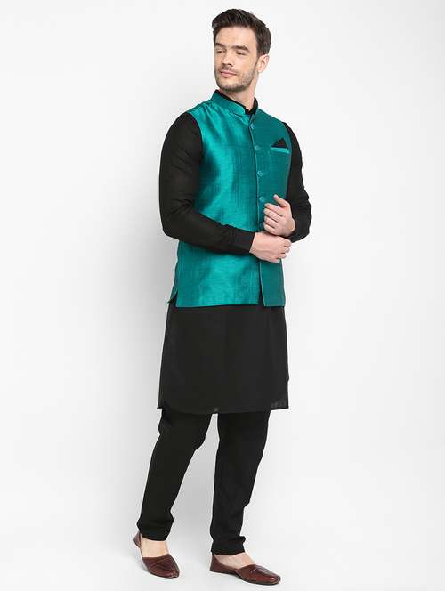 black solid kurta pyjama set with green solid nehru jacket - 17976745 - Very Small Image - 1