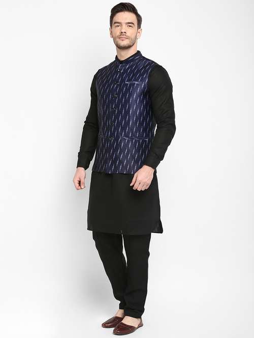 black solid kurta pyjama set with navy blue printed nehru jacket - 17976749 - Very Small Image - 1