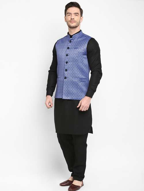 black solid kurta pyjama set with blue printed nehru jacket - 17976750 - Very Small Image - 1