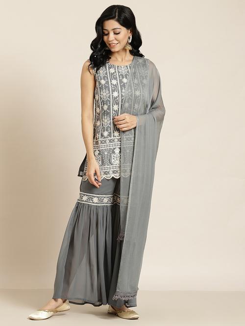 women grey embroidered kurta sharara with dupatta set - 18011471 - Very Small Image - 1