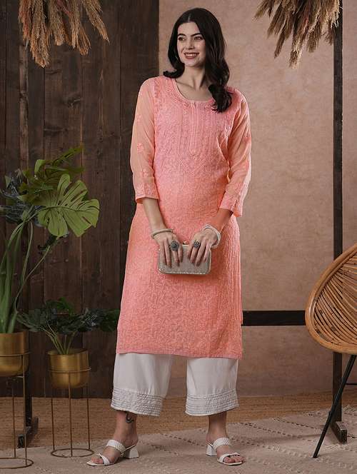 peach kota fabric longh lucknowi chikankari kurta - 18016103 - Very Small Image - 1