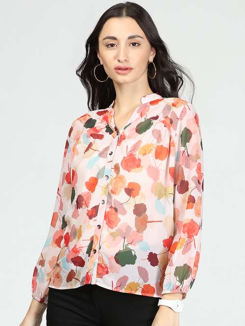 mandarin neck printed top - 18016267 - Very Small Image - 1