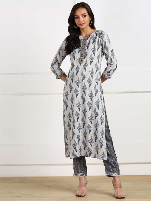 grey rayon kurta pant set - 18017873 - Very Small Image - 1