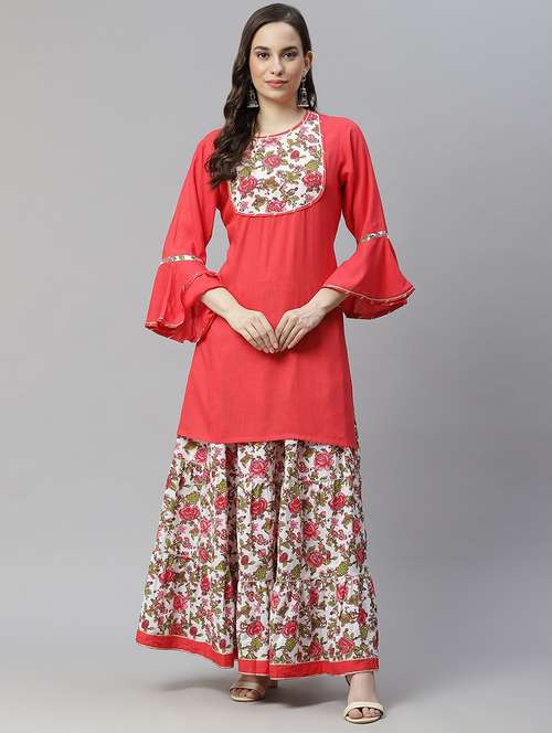red rayon kurta skirt set - 18032267 - Very Small Image - 1