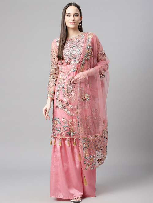pink embroidered unstitched sharara suit set - 18145274 - Very Small Image - 1
