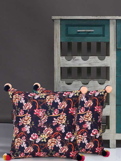 mezposh chintz navy & multi color polycotton floral digital printed cushion covers with pom poms (16x16 inch) set of 2 - 18207934 - Very Small Image - 1