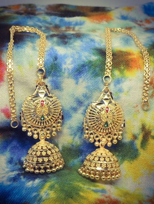 gold brass jhumka earring - 18220732 - Very Small Image - 1