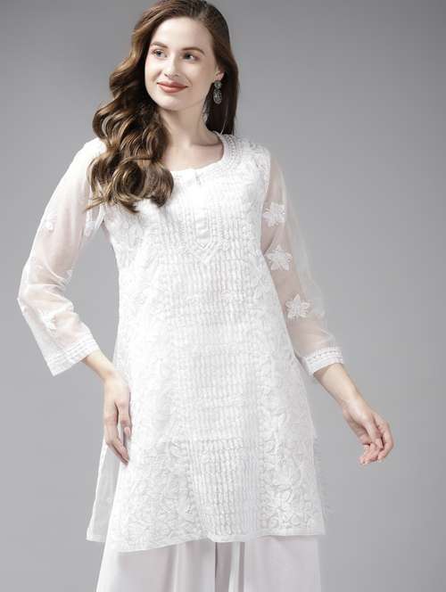 ada hand embroidered white organza lucknow chikankari kurti with slip - 18234214 - Very Small Image - 1