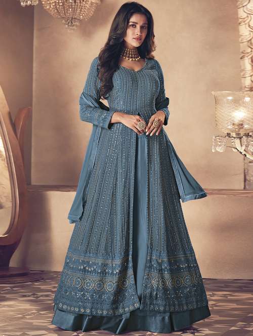 navy georgette semistitched suit - 18234868 - Very Small Image - 1