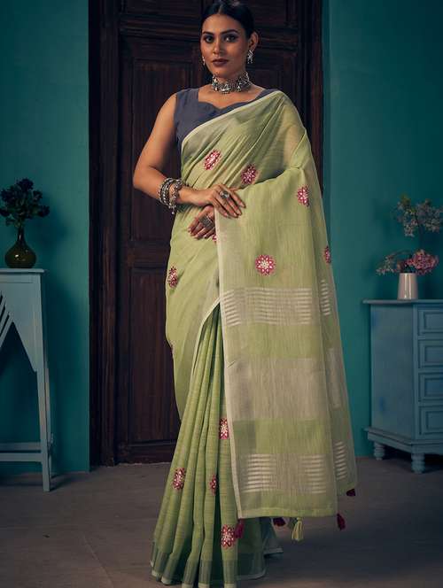 green linen saree with blouse - 18257441 - Very Small Image - 1