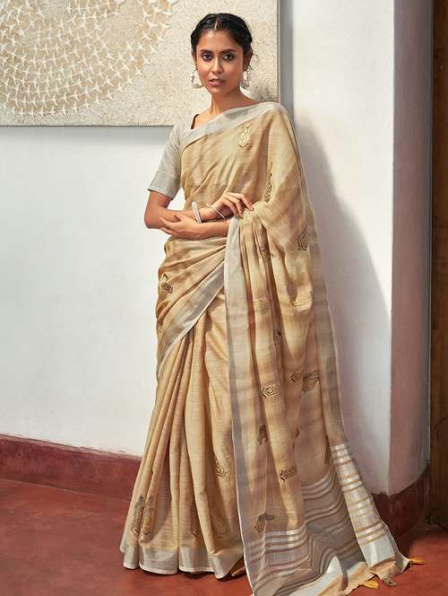 beige linen saree with blouse - 18283127 - Very Small Image - 1